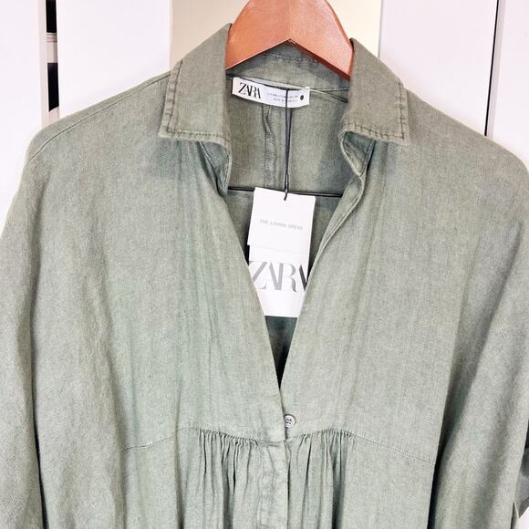 Zara NWT Sage Green Lovina Linen Short Sleeve Button‎ Front Midi Dress Size XXL - Picture 14 of 16
